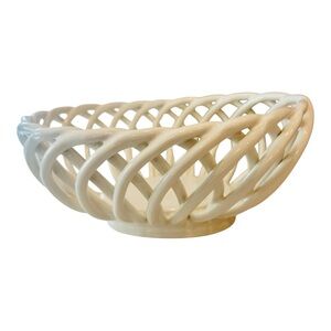 Vintage White Milk Glass Lattice Bowl 10.5” | Open Weave Basket
